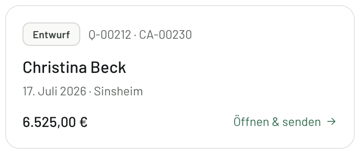 Angebot Entwurf — Catering-Angebot für Christina Beck, 6.525 € mit Status Entwurf und Öffnen & Senden