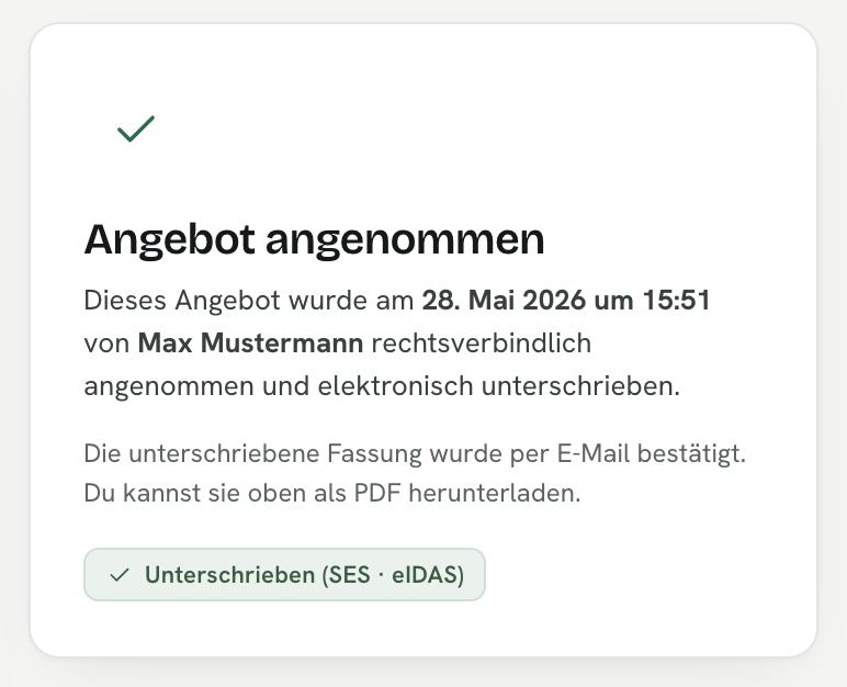 Digitale Unterschrift — Angebot rechtsverbindlich von Max Mustermann elektronisch signiert (SES · eIDAS)