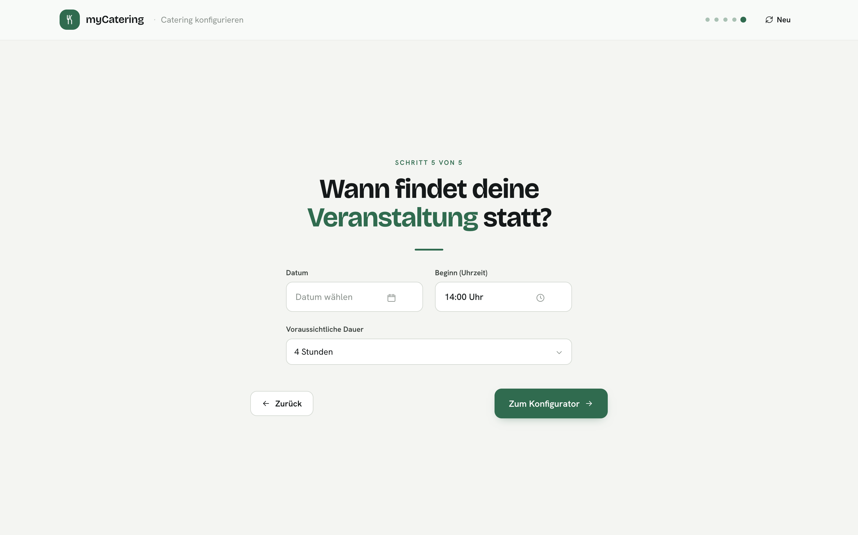 myCatering Konfigurator — Schritt 5 von 5, Datum und Uhrzeit wählen im gemeinsamen Beratungsgespräch