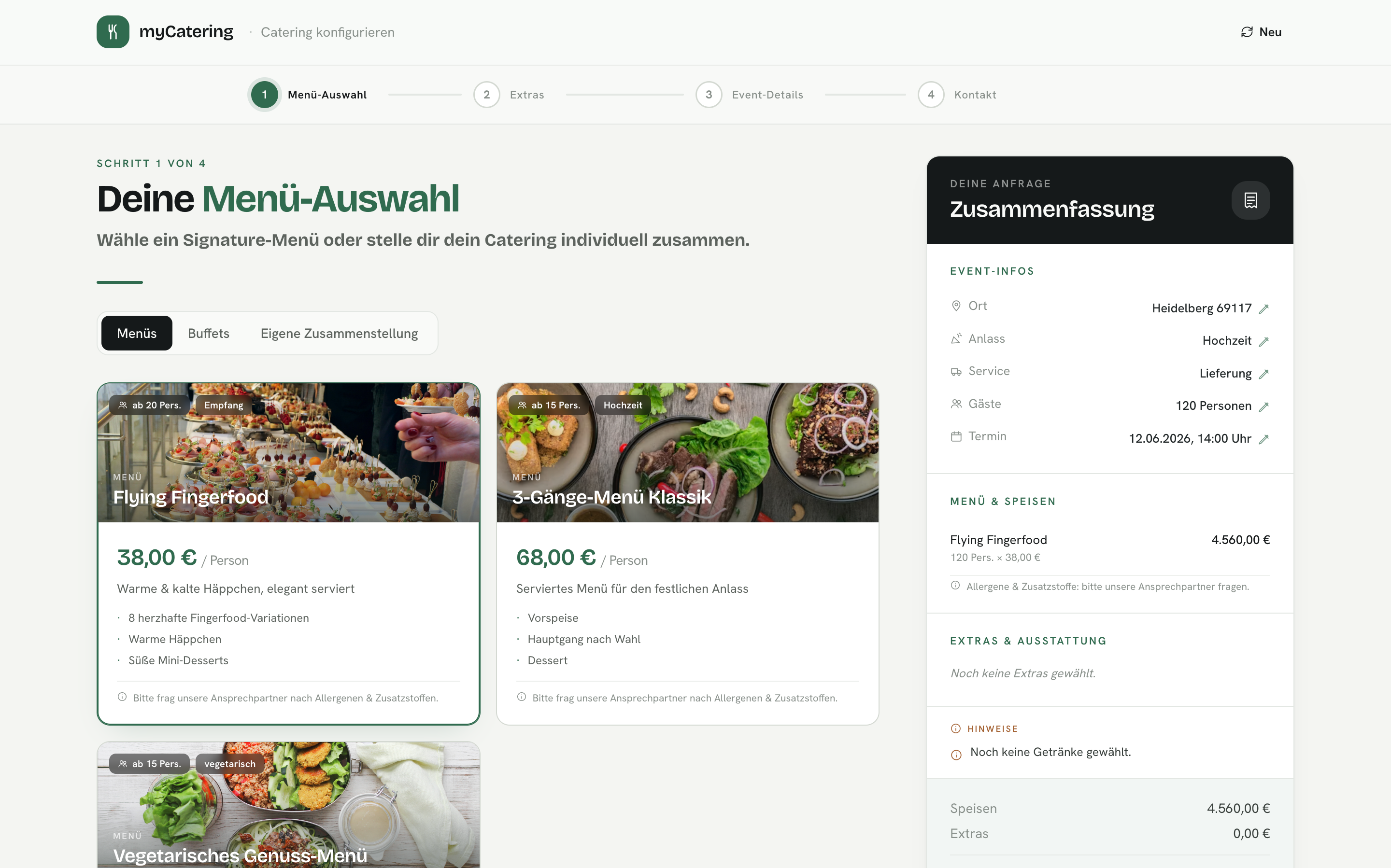 myCatering Konfigurator — Kunde wählt Menü, sieht Preise und Zusammenfassung in Echtzeit