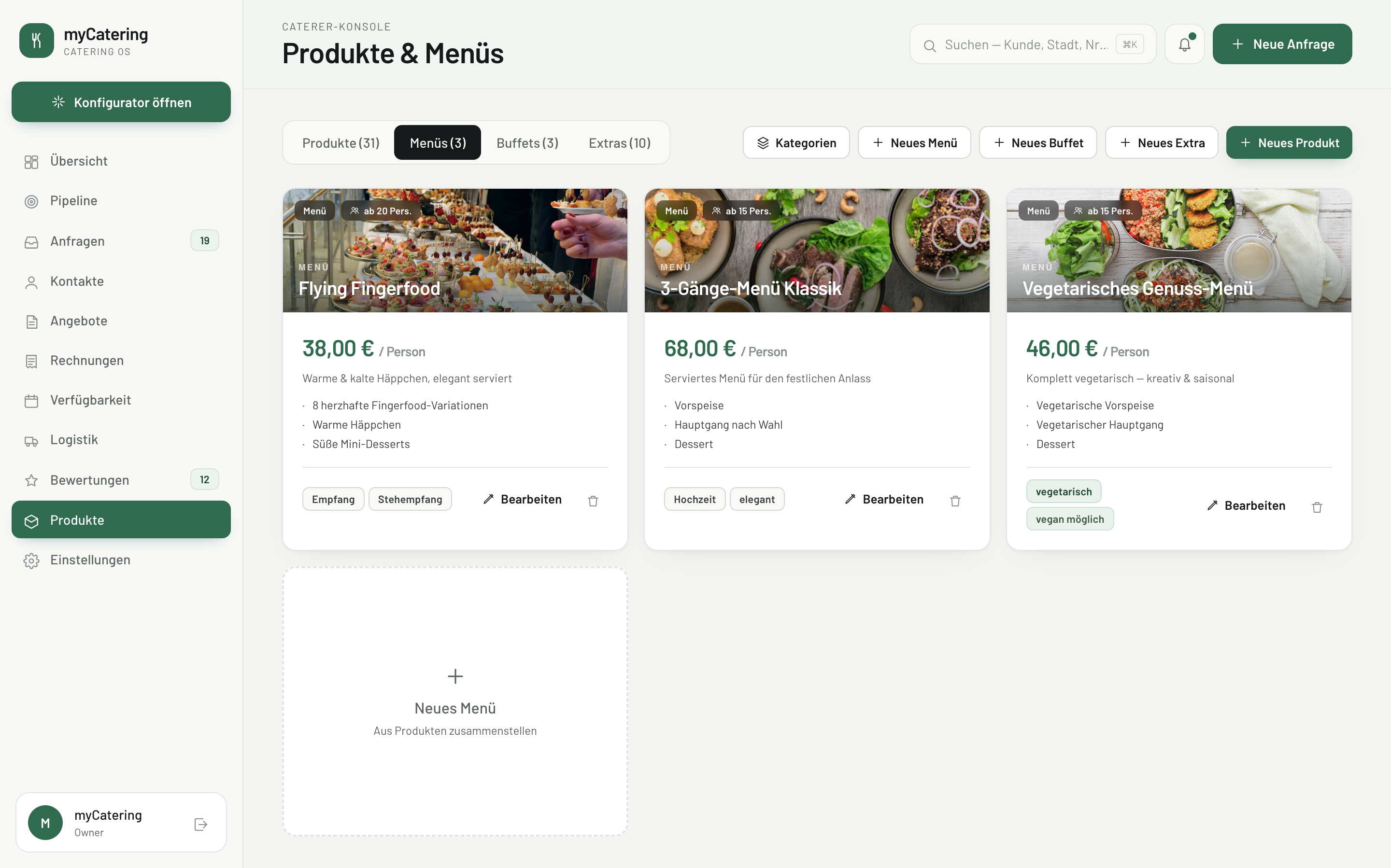 myCatering Produkte & Menüs — Menüverwaltung mit Menükarten, Preisen und Kategorien