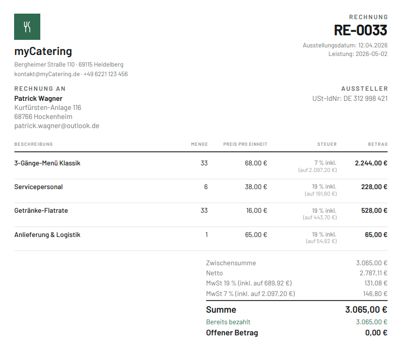 Catering-Rechnung RE-0033 — professionelle PDF-Rechnung mit MwSt.-Ausweis, Offener Betrag 0,00 €