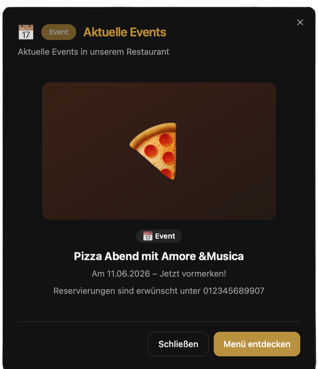 Eventankündigung als Popup in der digitalen Speisekarte – Pizza-Abend mit Datum