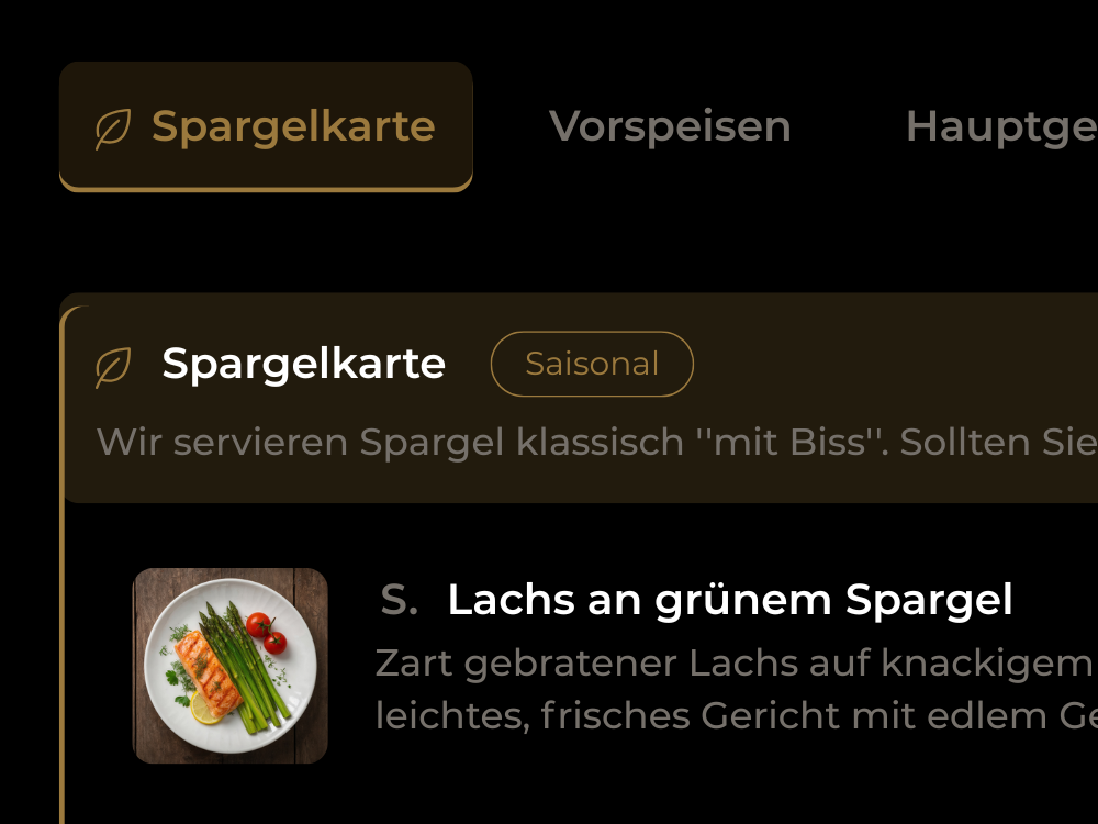 Saisonale Spargelkarte mit Lachs an grünem Spargel als Tagesangebot