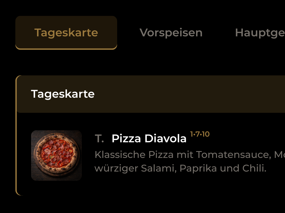 Tageskarte und Wochenkarte in der digitalen Speisekarte – Pizza-Eintrag mit Bild und Beschreibung